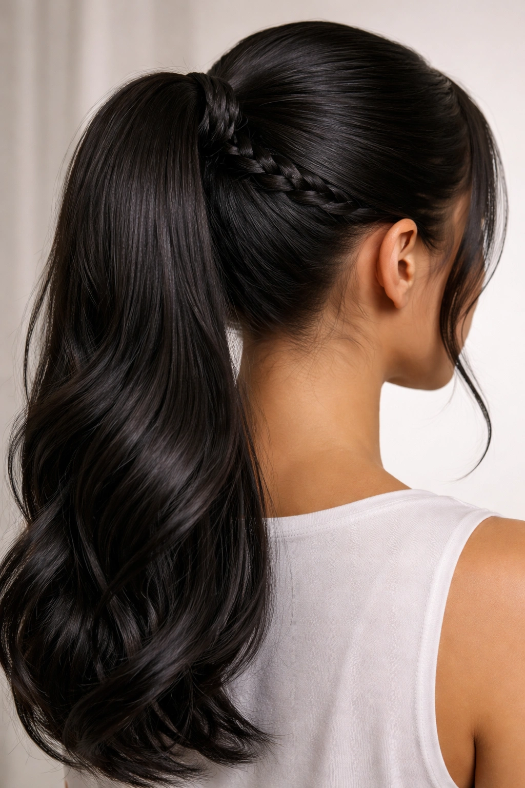 Ponytail with a short braid wrapped around the base, drawstring hidden under braid.