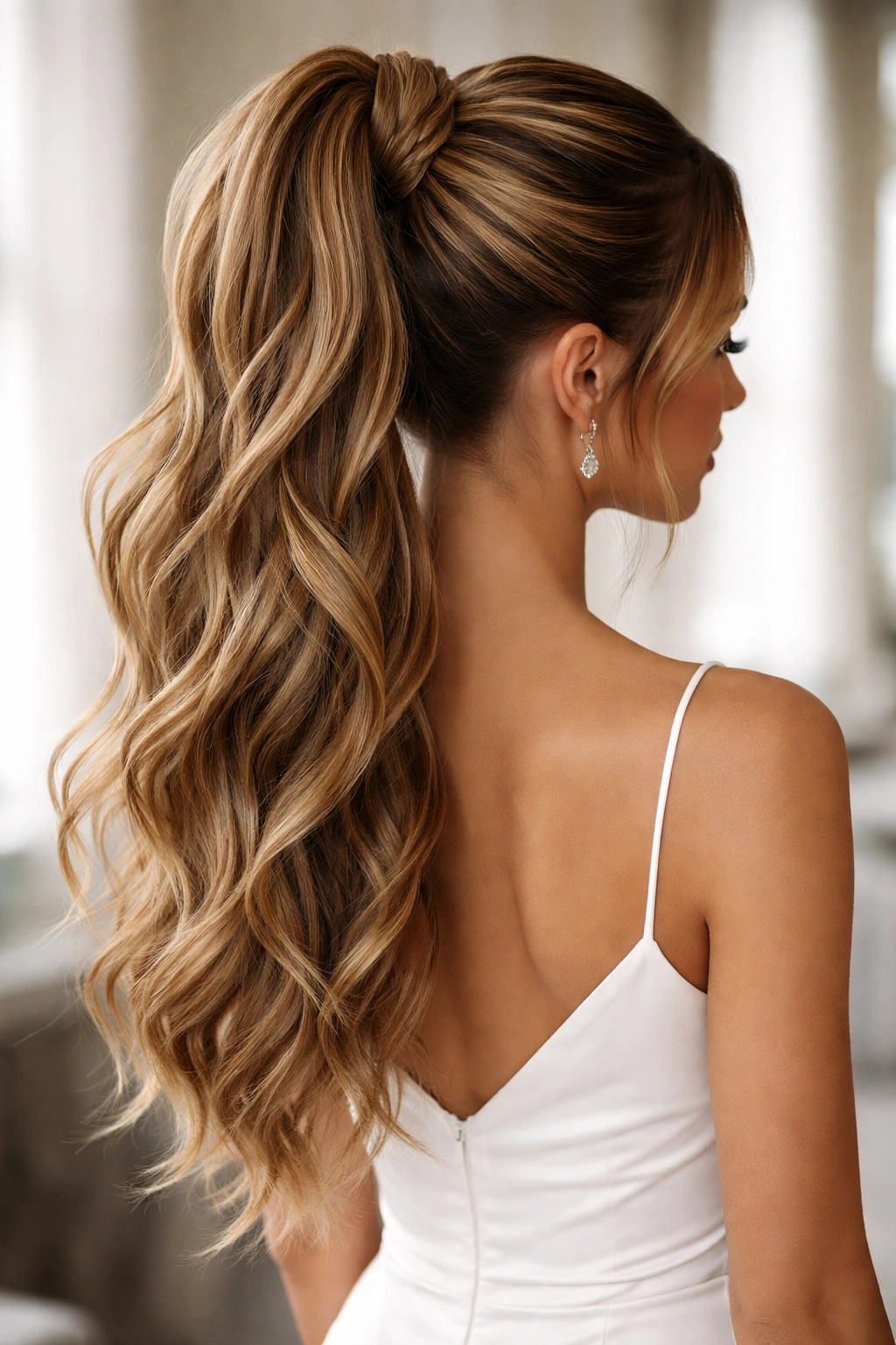 Long high ponytail with braided extensions blended in