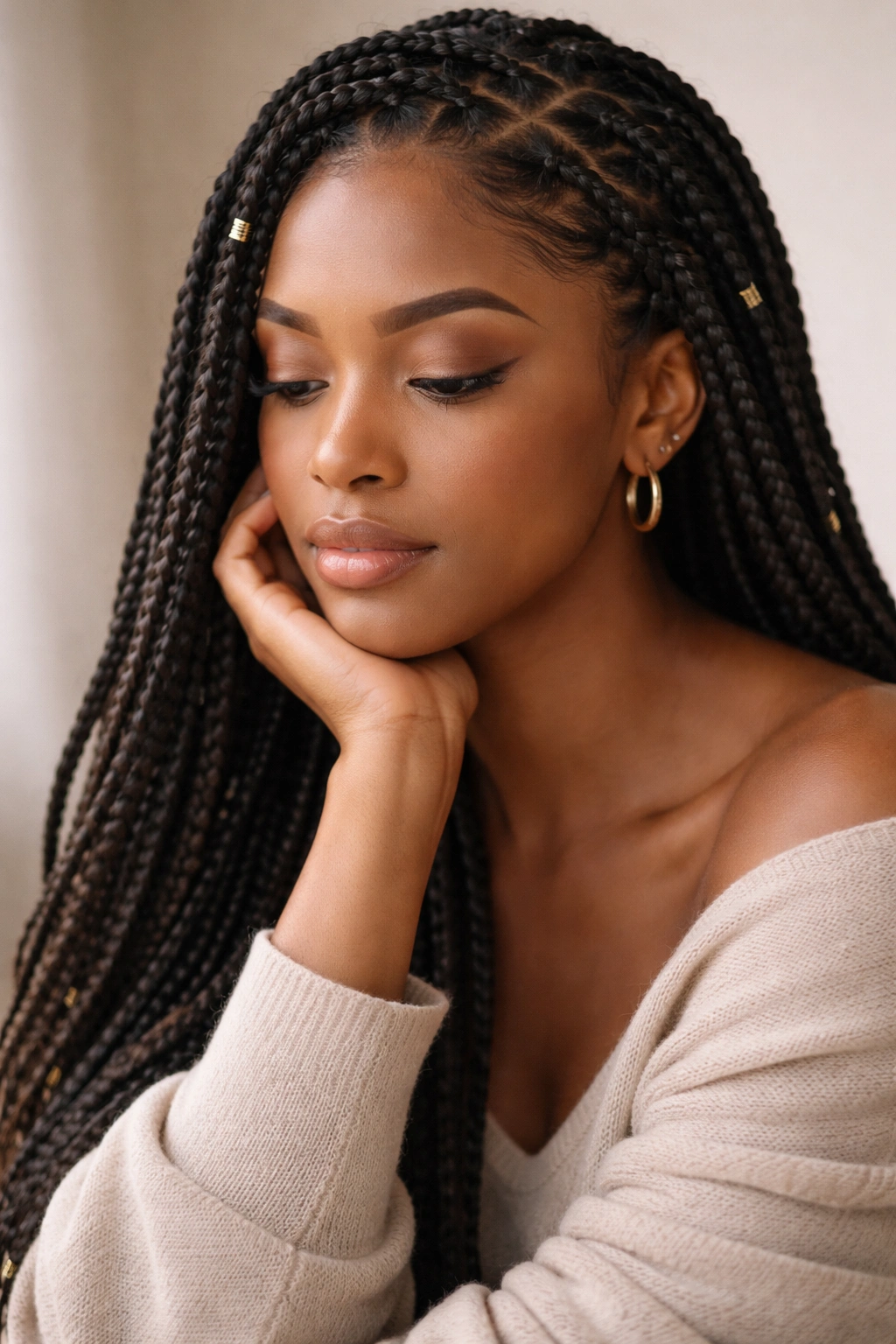 Contemplative portrait highlighting braided hairstyle and hair texture.