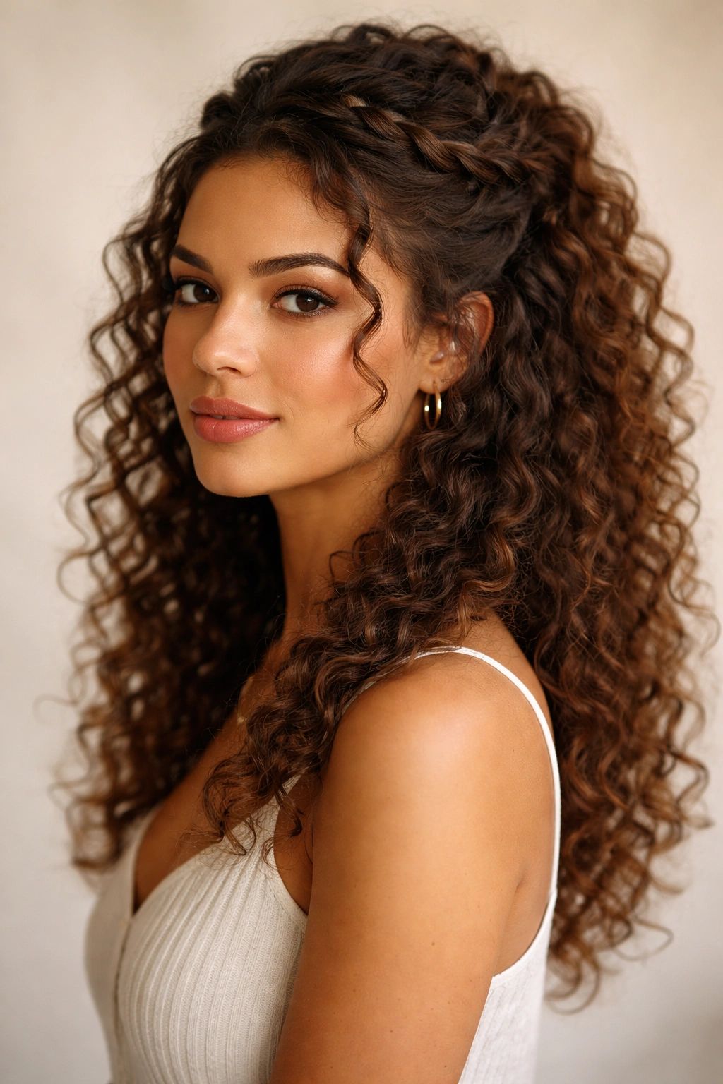 Curly hairstyle with a crown braid and loose curls framing the face
