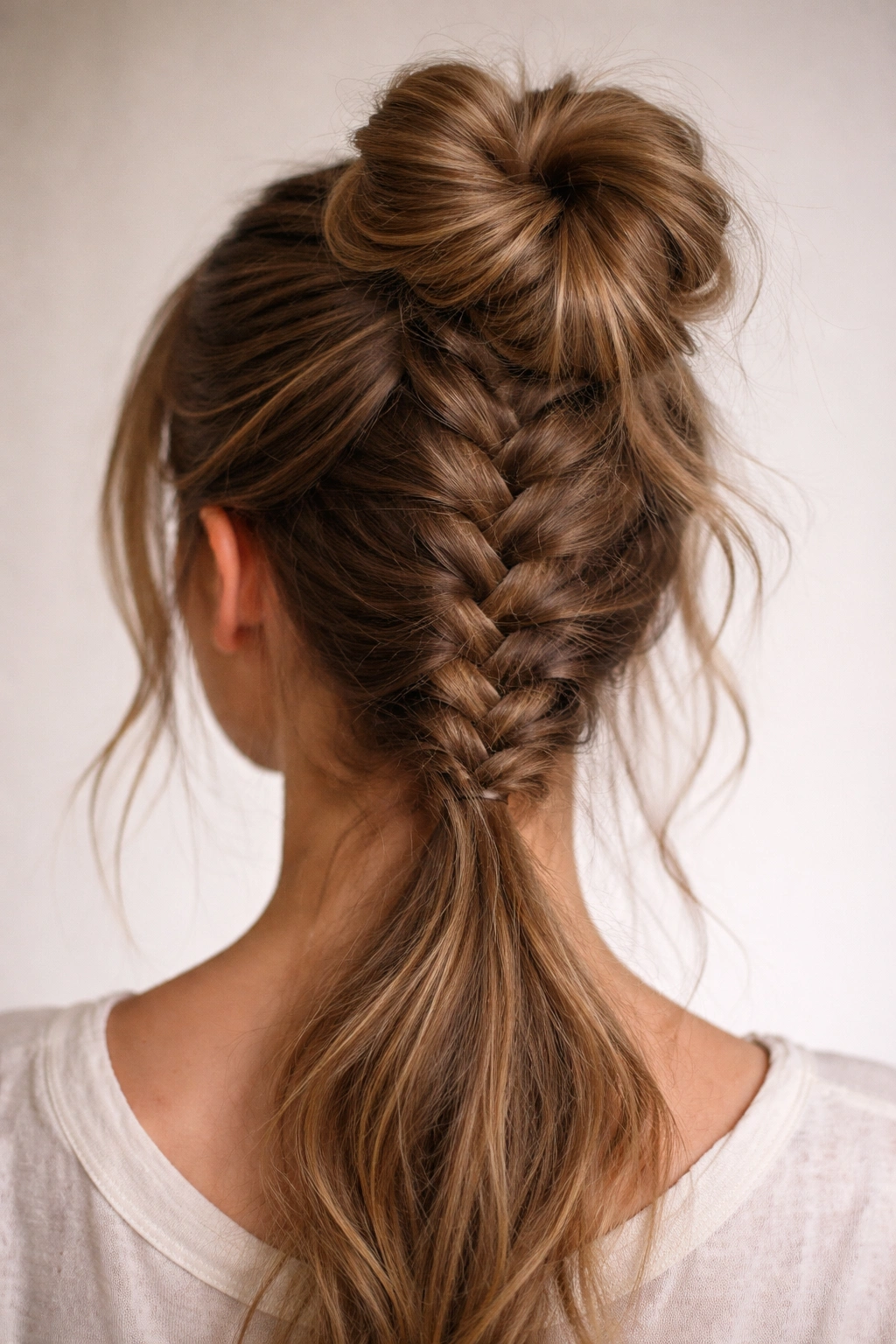 Braided half-up bun with crown braid merging into the bun