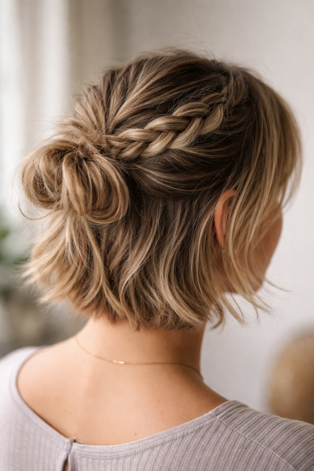 Close-up of short hair with a loose braided top and small bun at the crown