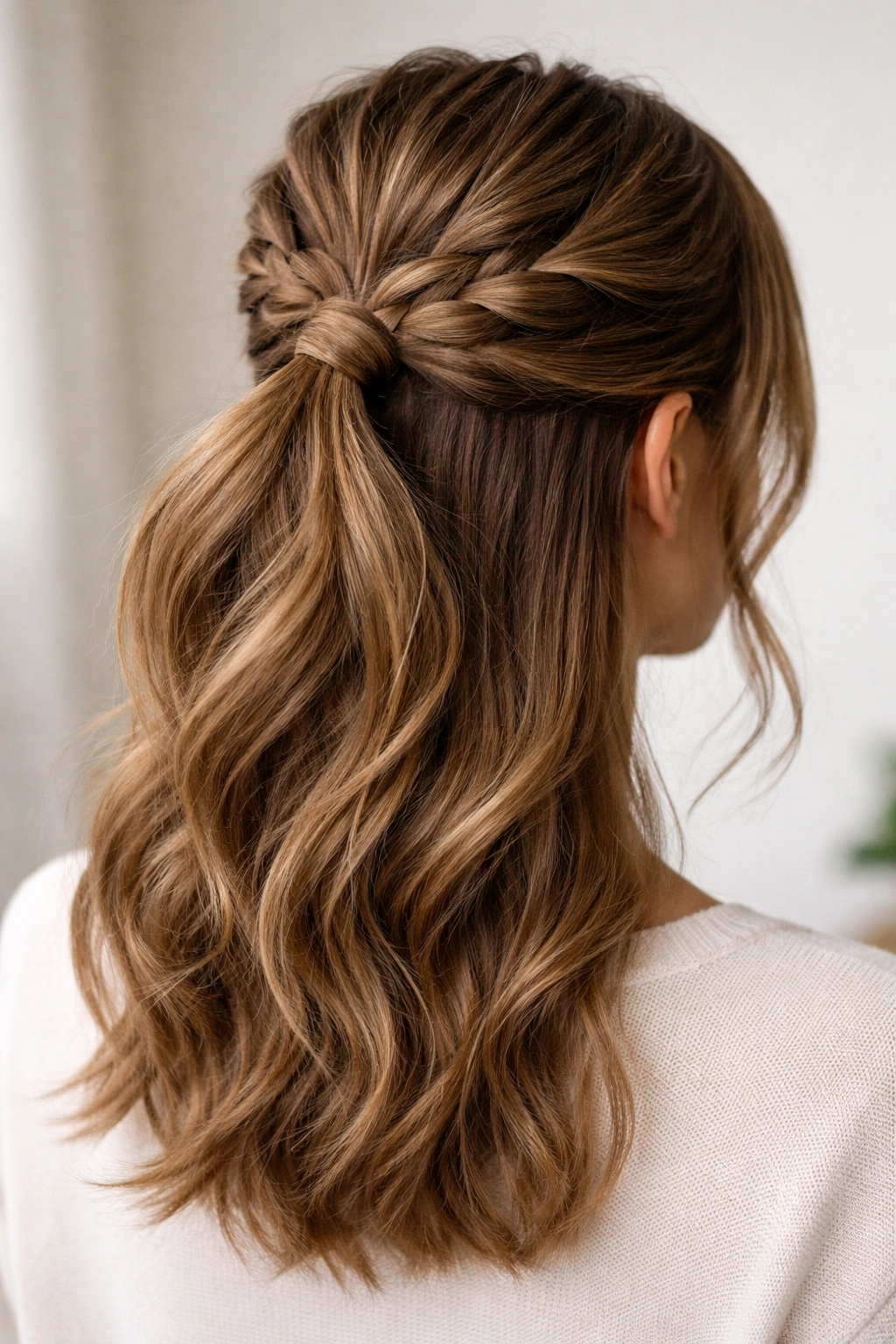 Close-up of a medium-length hairstyle featuring a loose three-strand braid integrated into a half-up ponytail