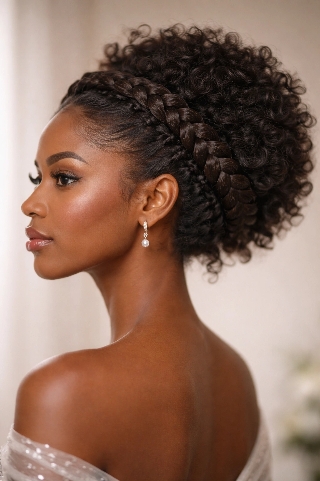 Braided halo around head with loose center curls