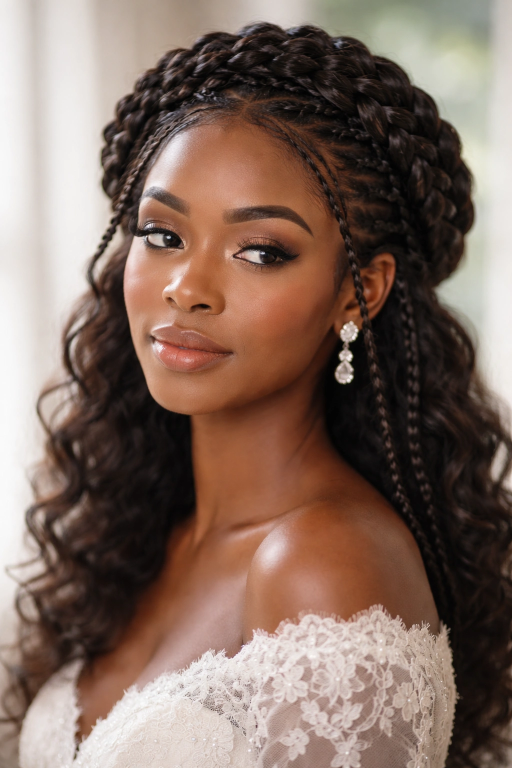 Bride with braided halo and baby braids framing her face