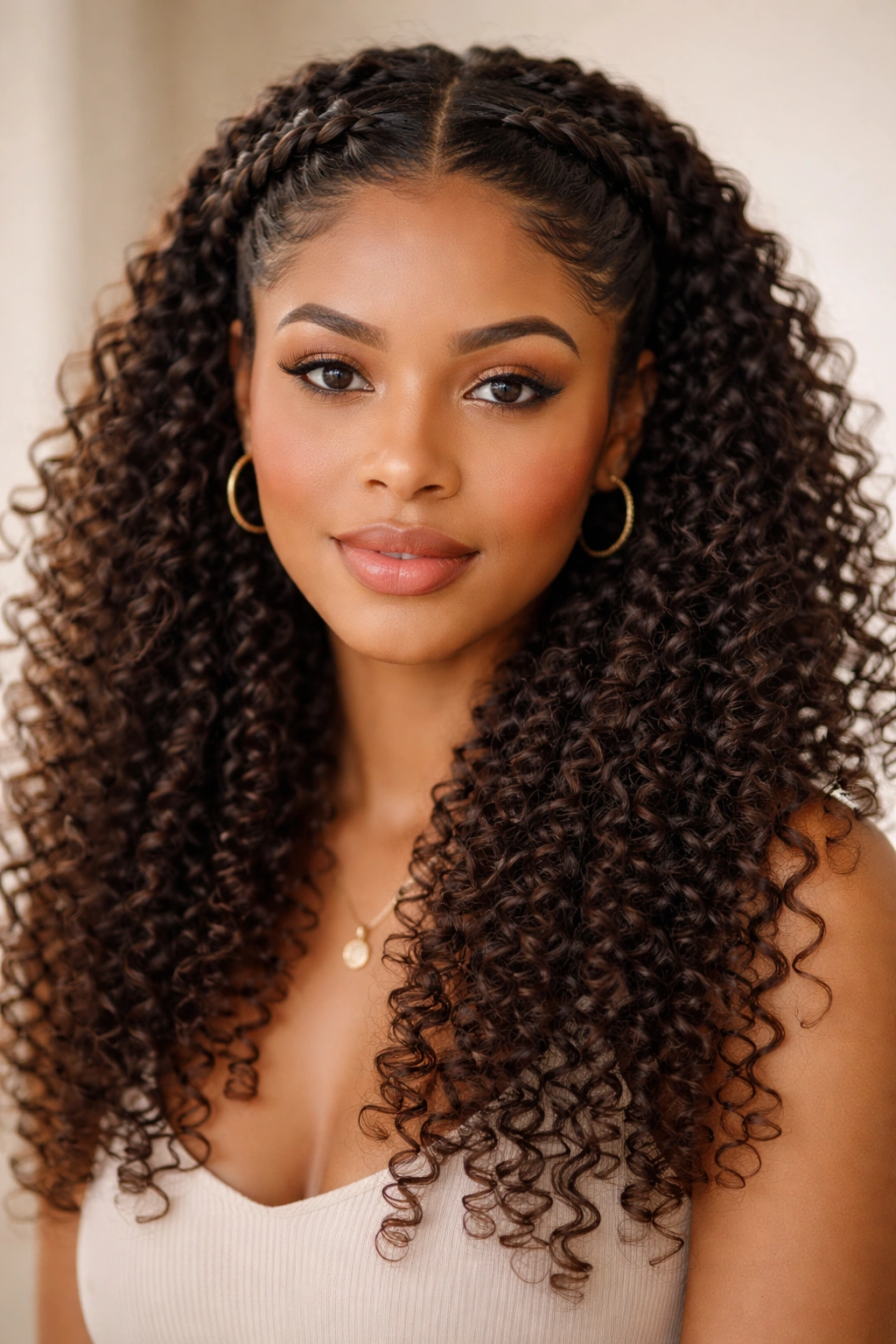 3c curls with braided halo crown and cascading curls