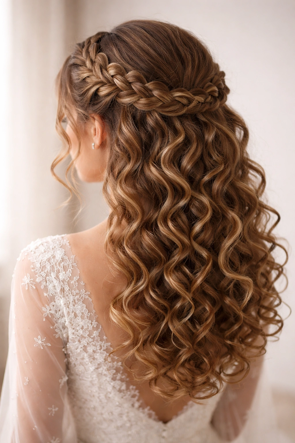 Three-quarter view of a braided halo hairstyle with center-back curls