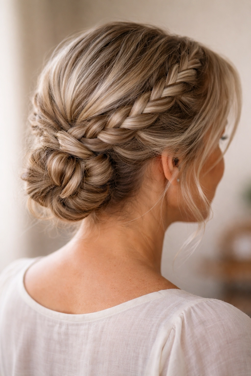Back-to-side view of halo braid around the head with a back knot.