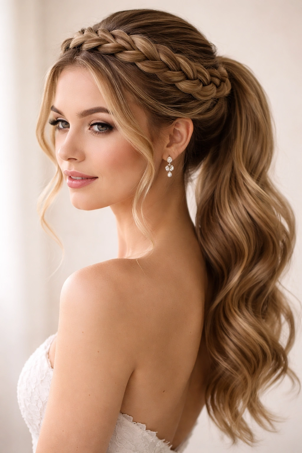 Braided halo around crown with ponytail beneath.