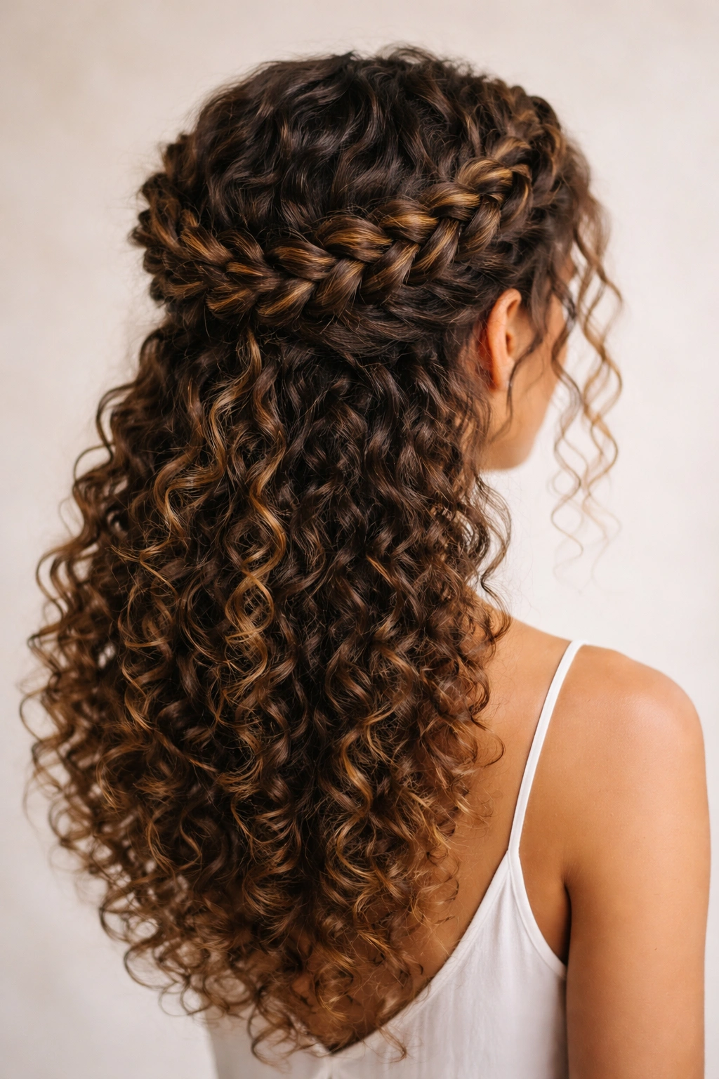 Dutch-braided halo around crown with curls visible below