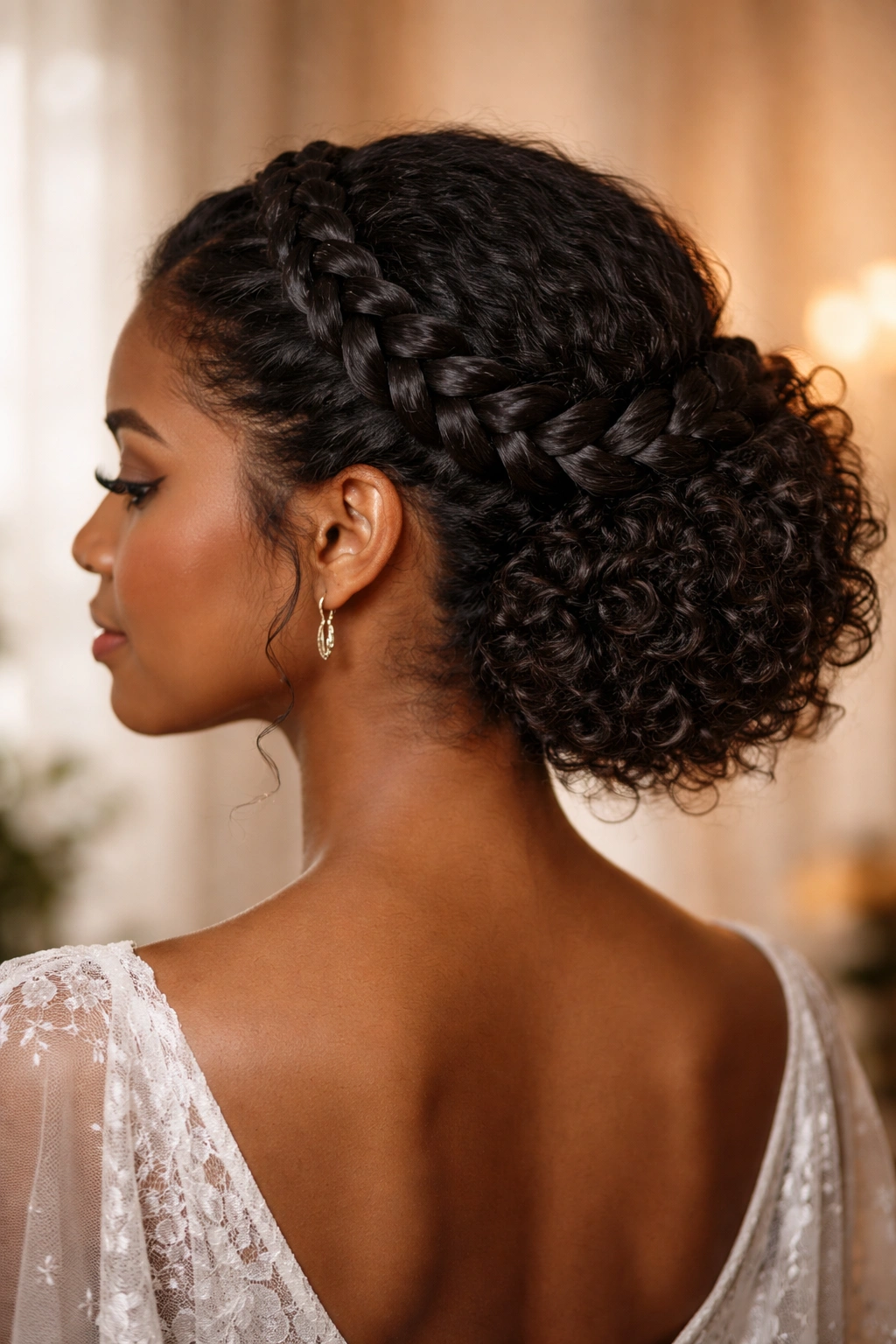 Close-up of a Black woman's curly hair in a braided halo updo with a soft bun underneath