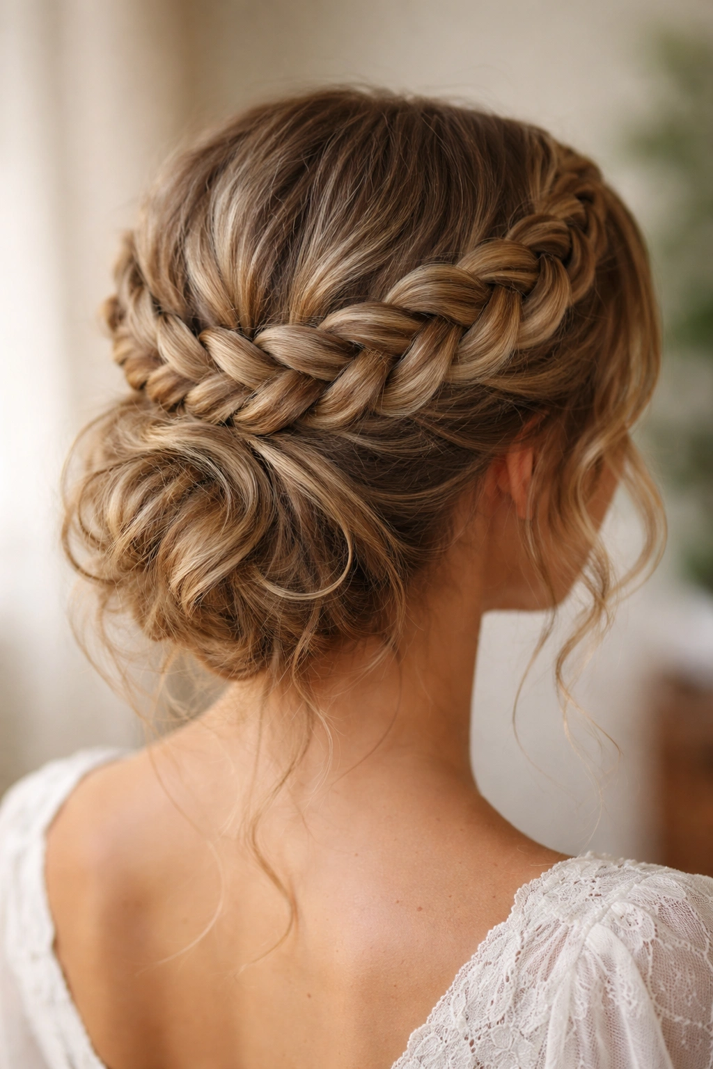 Halo braid encircling head forming a textured updo