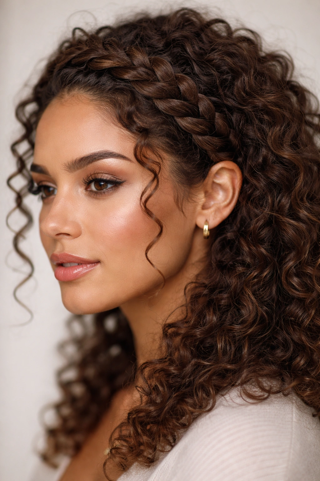Curly hair with a braided headband along the hairline
