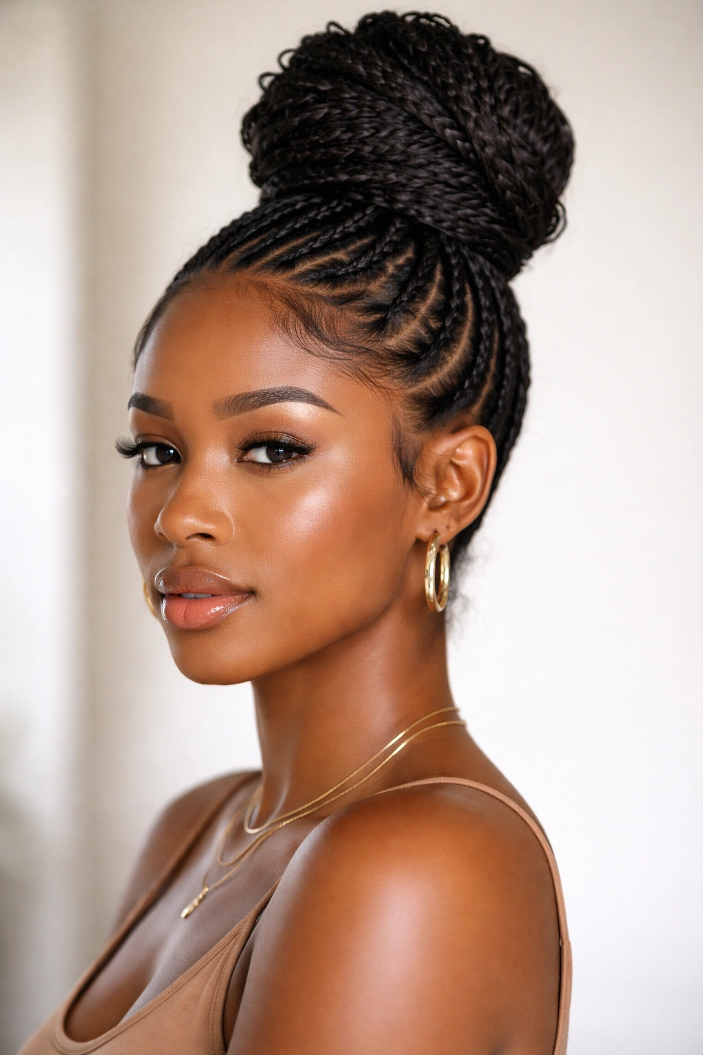 Front view of The Braided High Bun with upward braids forming a high knot.