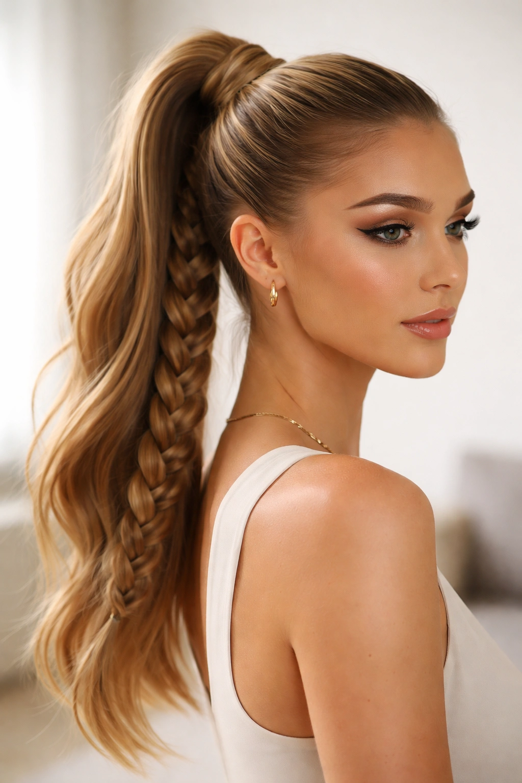 High ponytail featuring a braid wrapped around the base