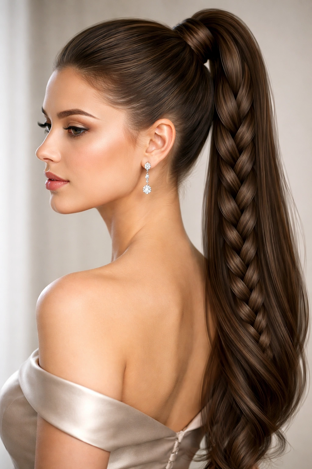 High ponytail with a braided detail along the length.