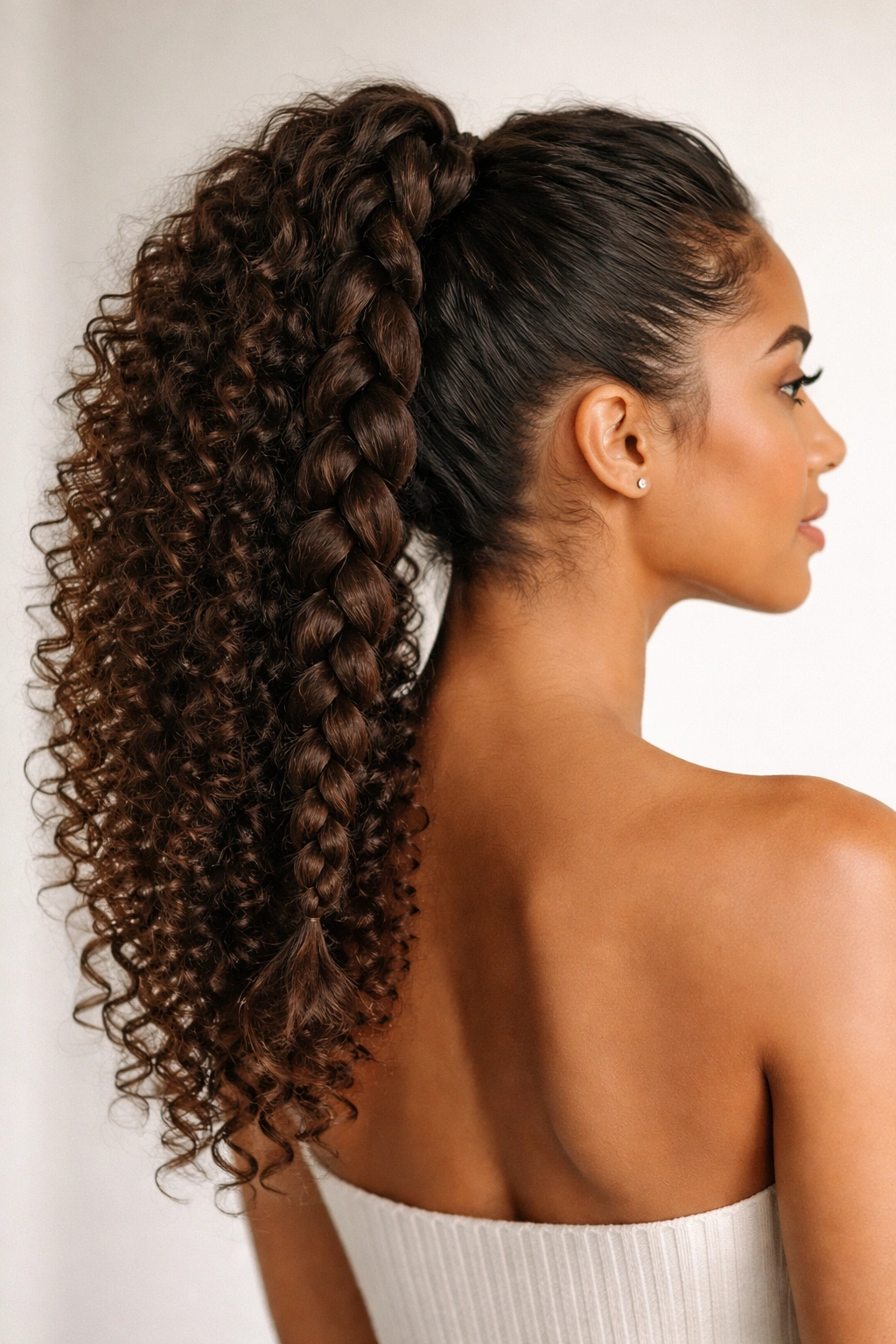 Model with braided high ponytail in a studio
