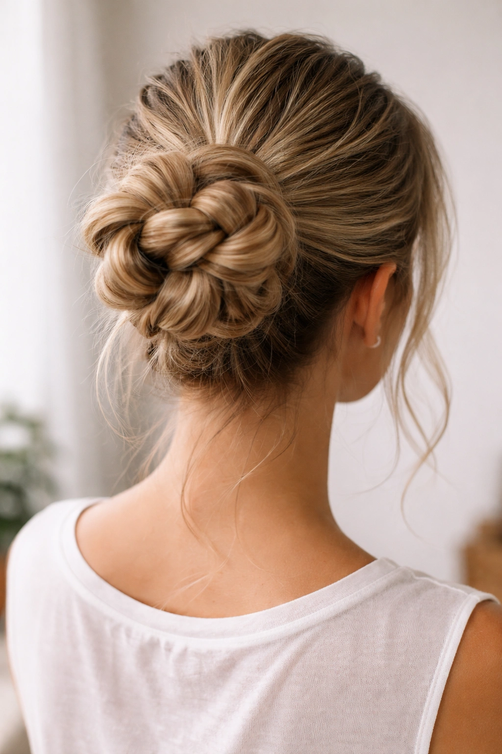 Braided knot bun viewed from back showing braid pattern and knot