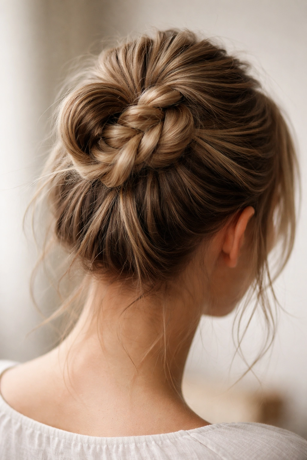 Close-up of a high bun created from a loose braided loop