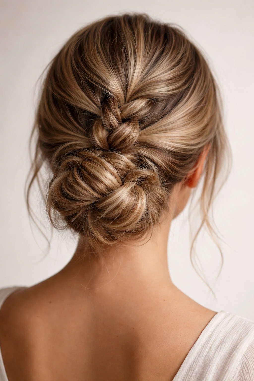 Back view of a low bun featuring a thick braid around the base