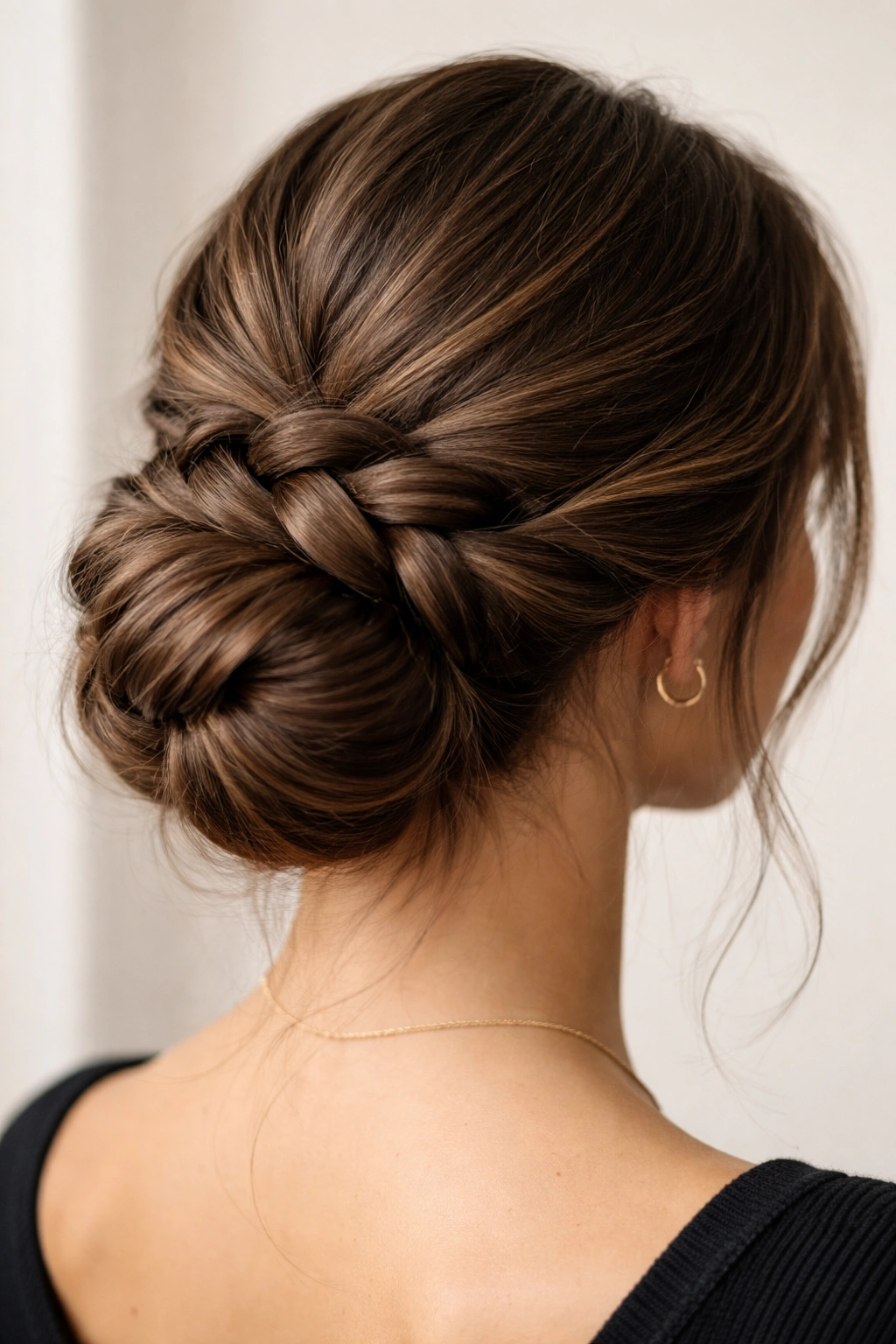 Close-up of thick hair braided into a low bun with visible braid depth