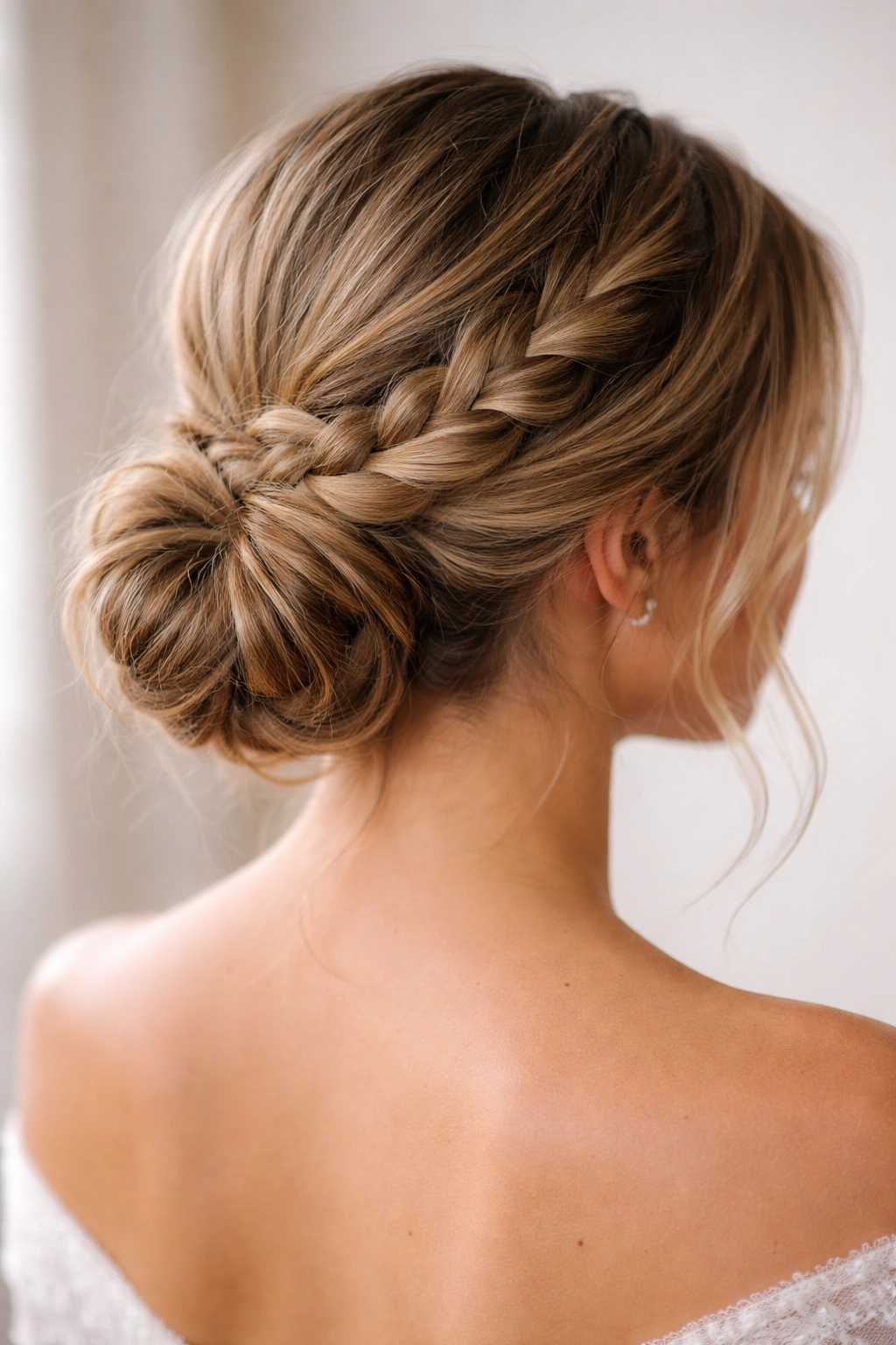 Braided low bun with wrapped texture and visible braid detail