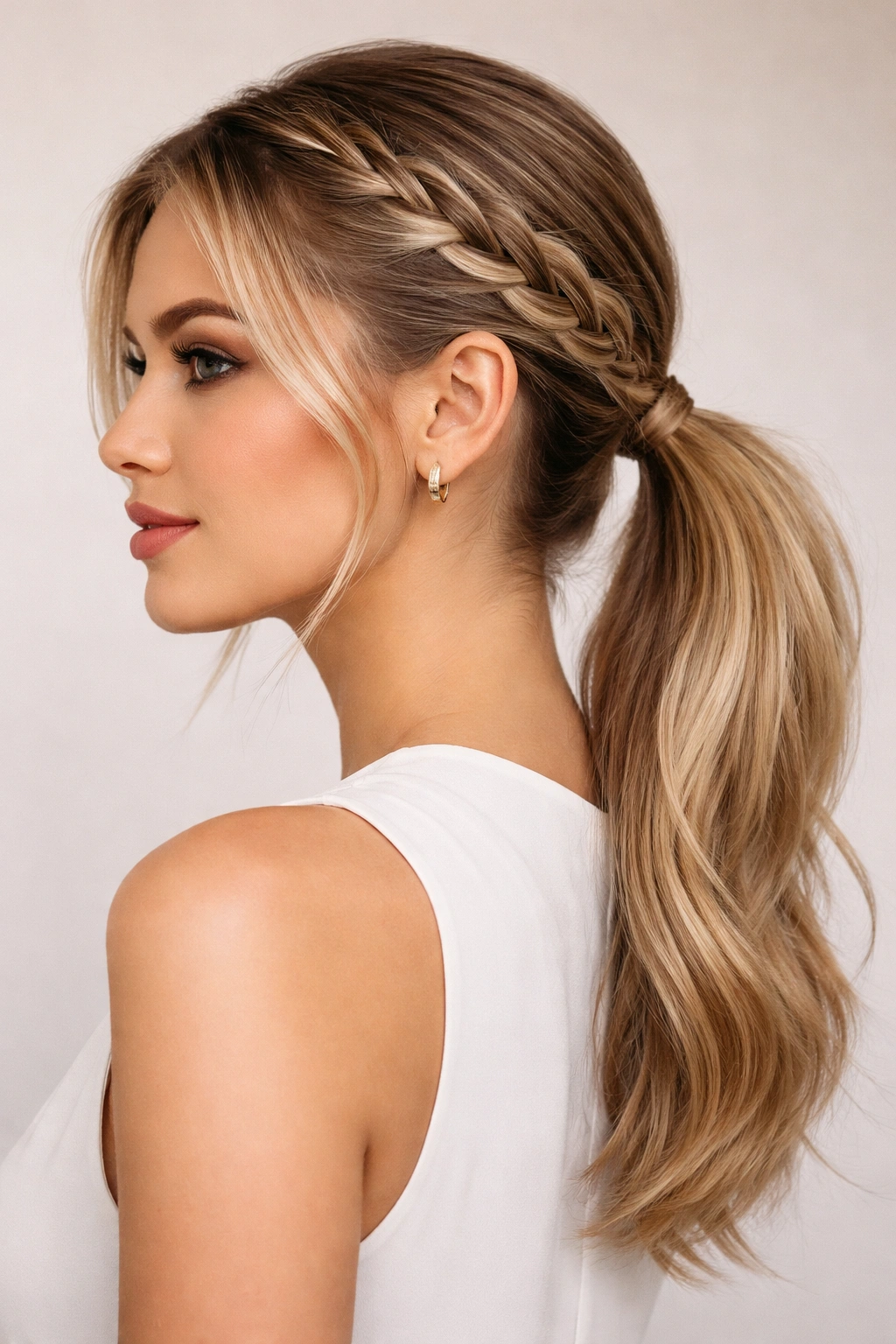 Low braided pony with Dutch braid starting at temple merging into the pony.