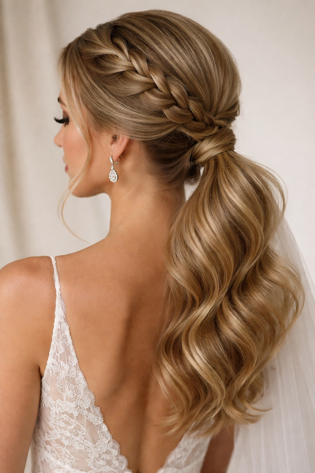 Close-up of a bridal low ponytail with a crown braid flowing into the tail