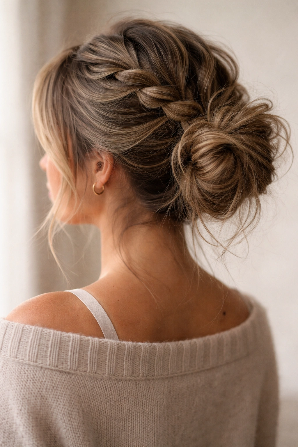 Braided messy bun with crown-to-back braid detail