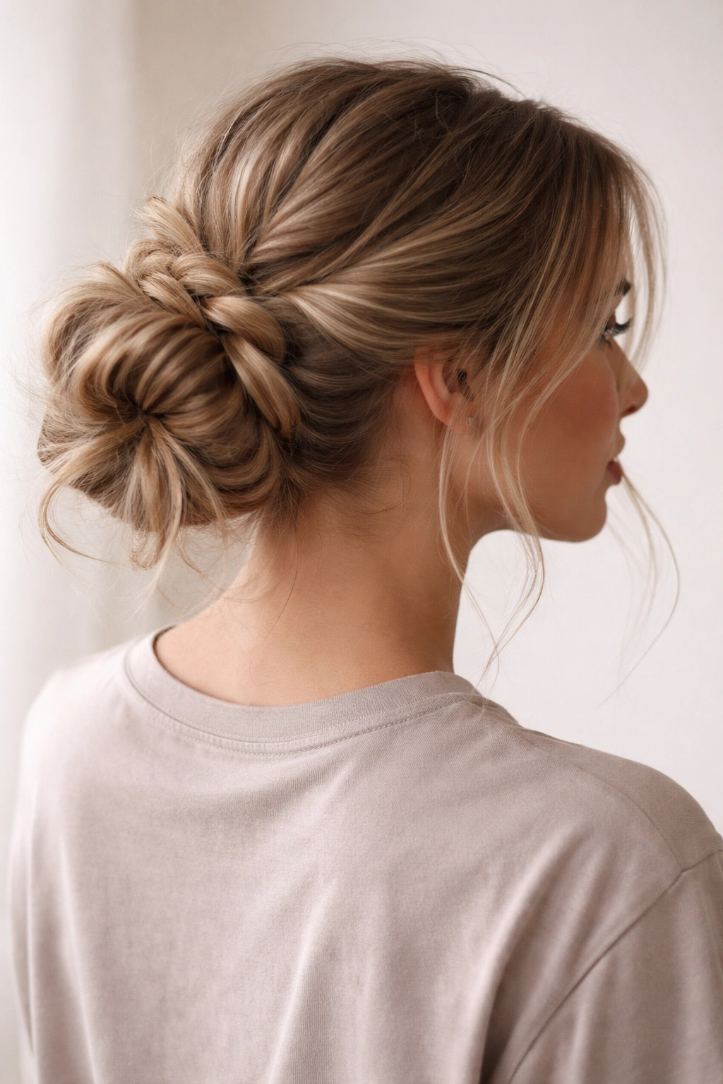 Low ponytail braided into a loose three-strand braid wrapped into a messy bun