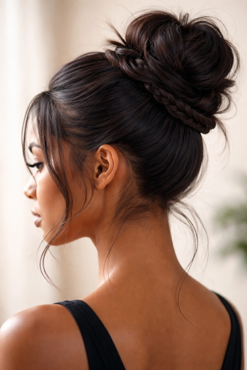 Close-up of braided wrap around a messy bun on relaxed hair