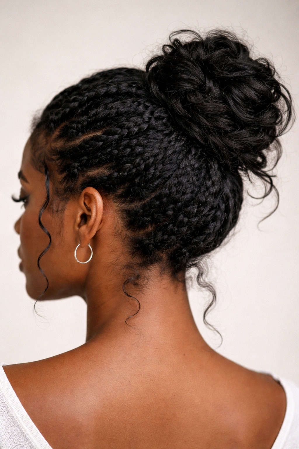 Close-up of a braided messy bun with integrated braids