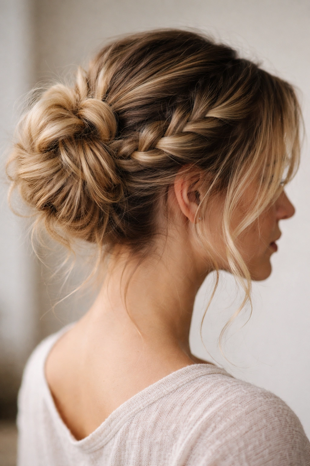 Braided messy bun with a loose braid wrapping into the bun