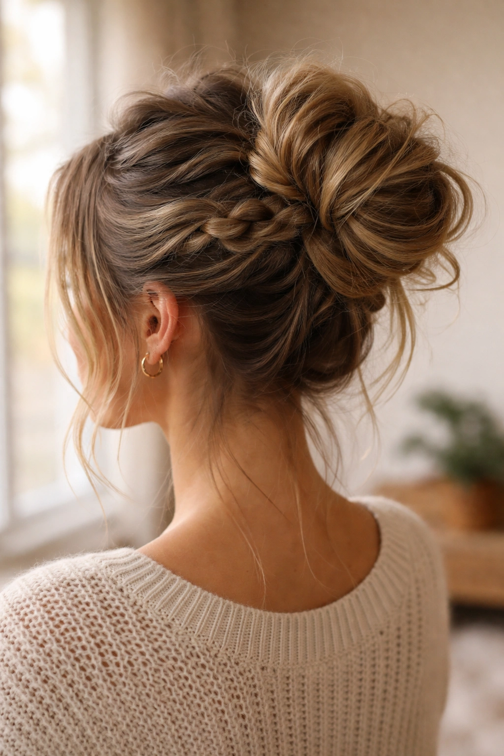 Close-up of a braided messy bun on a person with soft wisps of hair