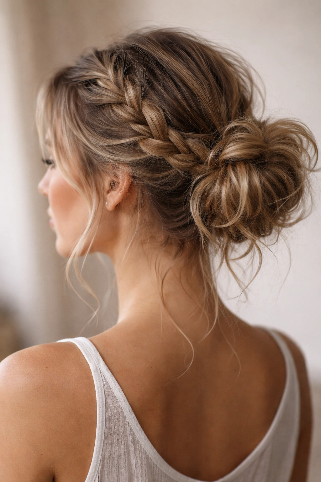 Messy braided bun with two loose braids feeding into a soft bun.