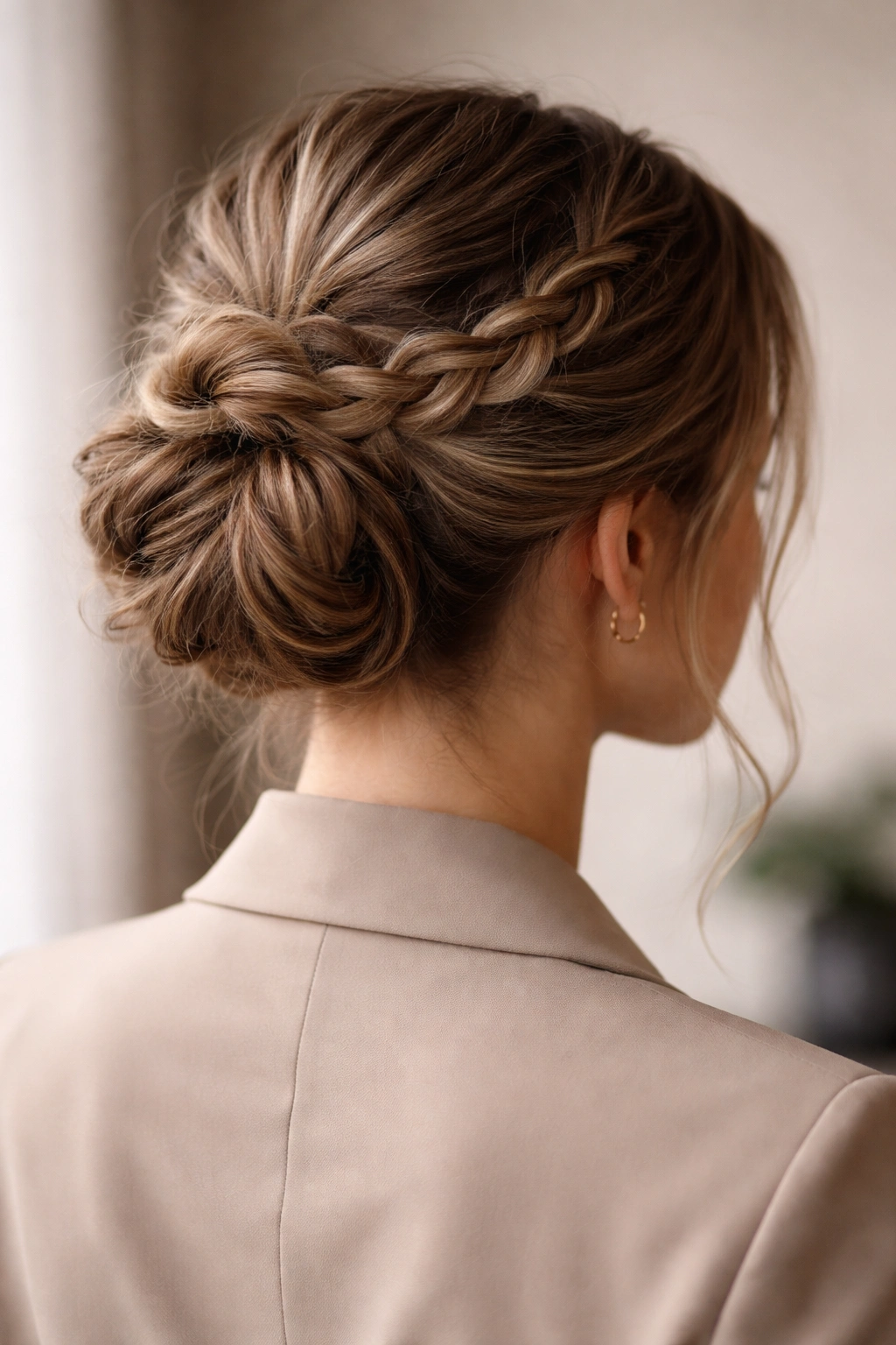 Close-up of a braided messy bun hairstyle suitable for professional interviews.