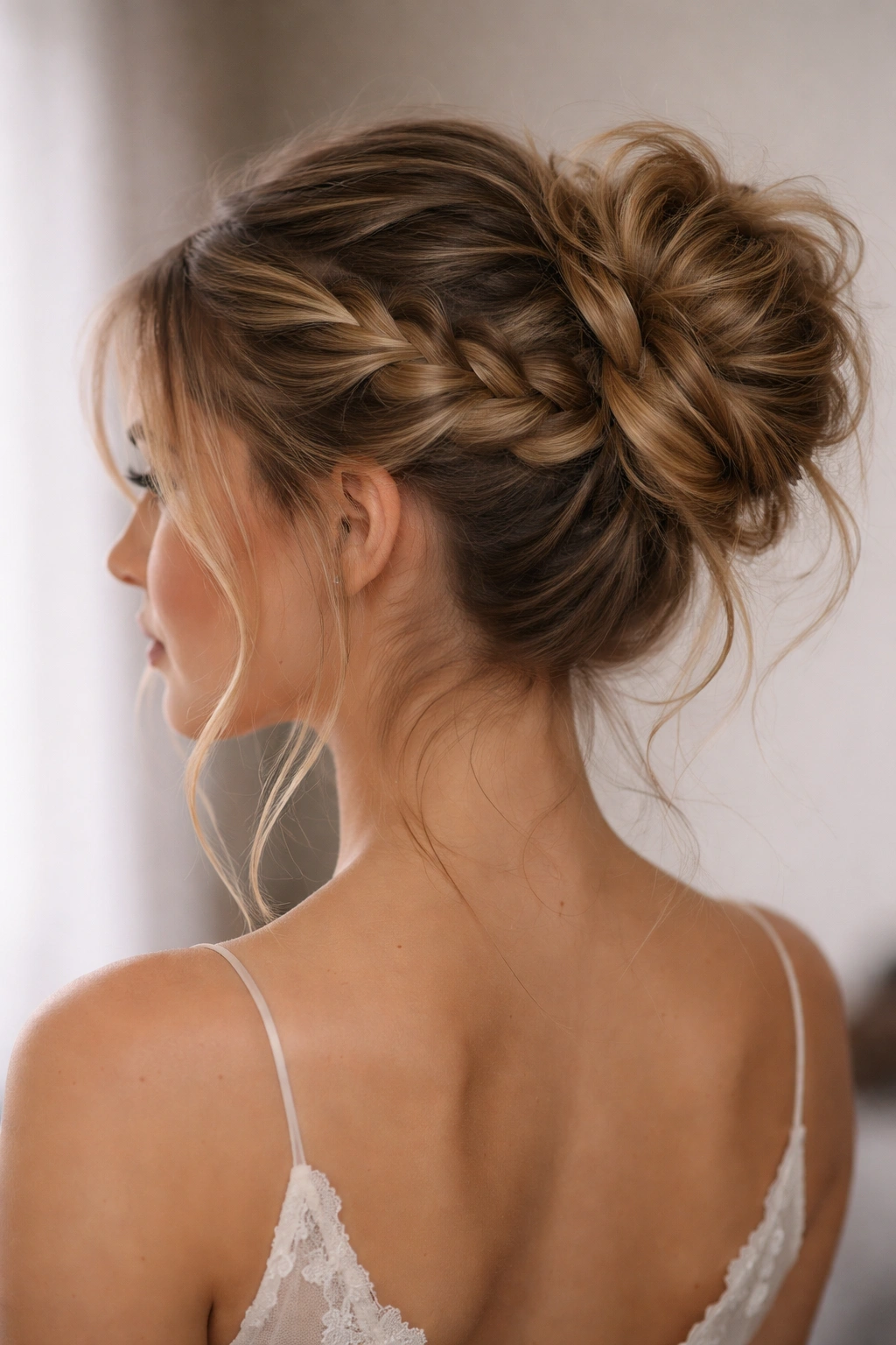 Braided messy bun with a crown-like braid wrapping into a textured bun.