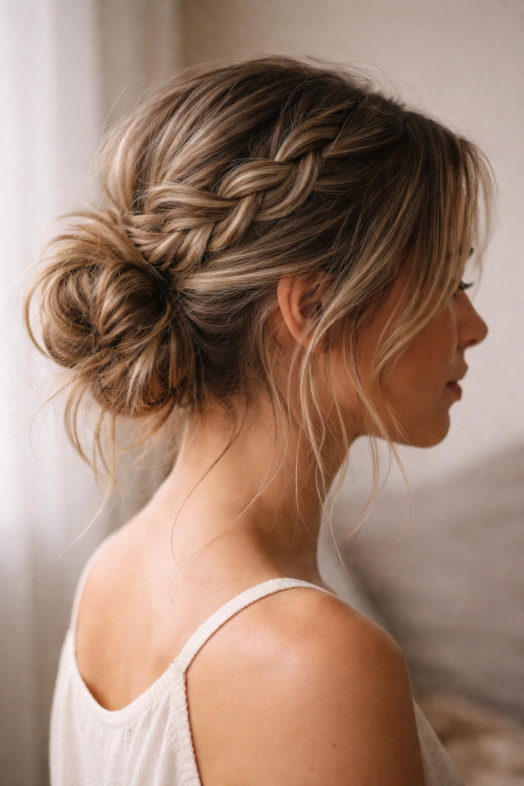 Side view of braided messy bun with loose French braid and textured bun