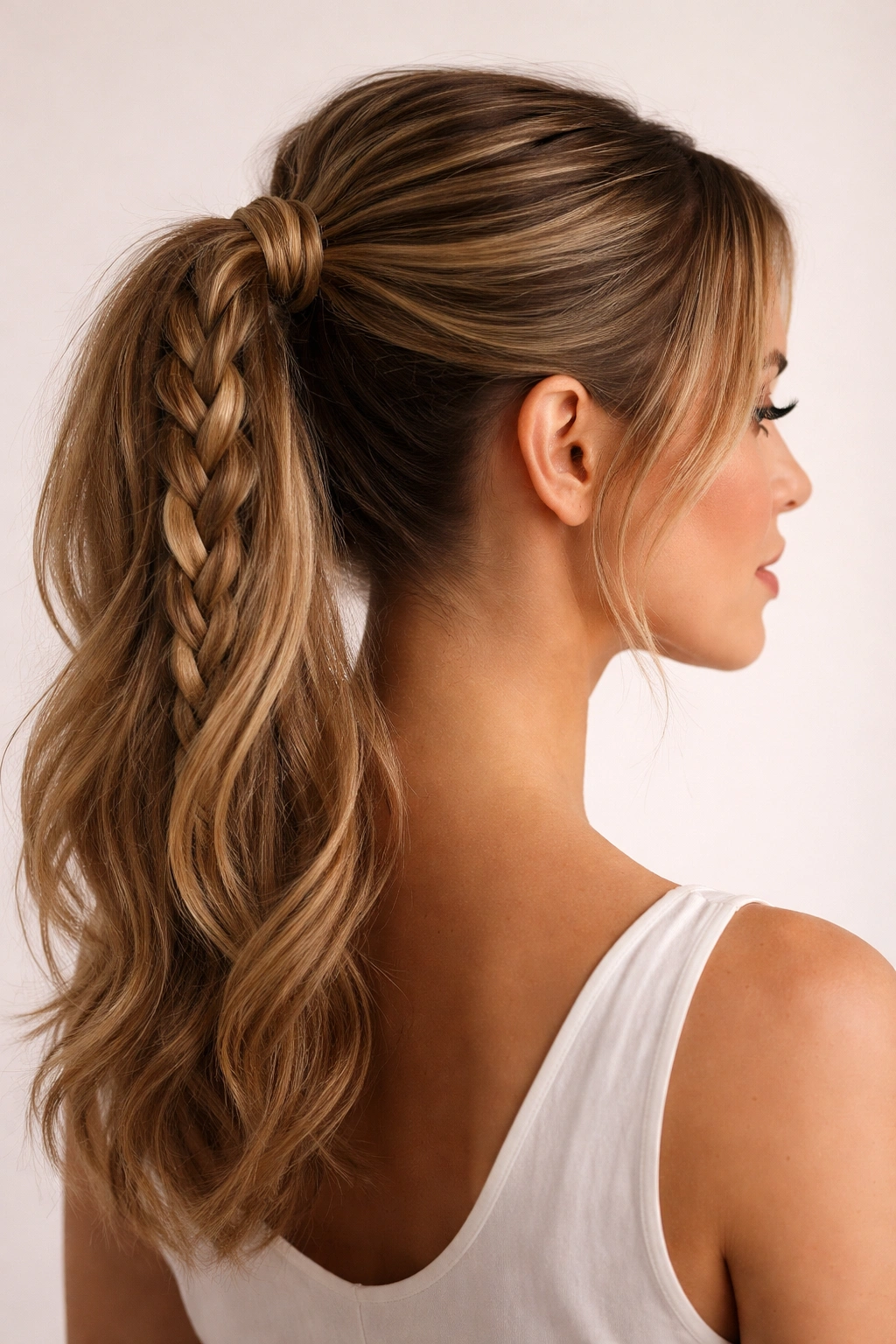 Model with braided mid-ponytail showing a central braid and smooth crown