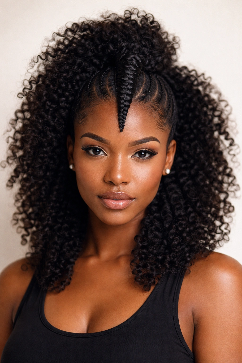 Frontal view of center braided Mohawk strip with loose curls on sides