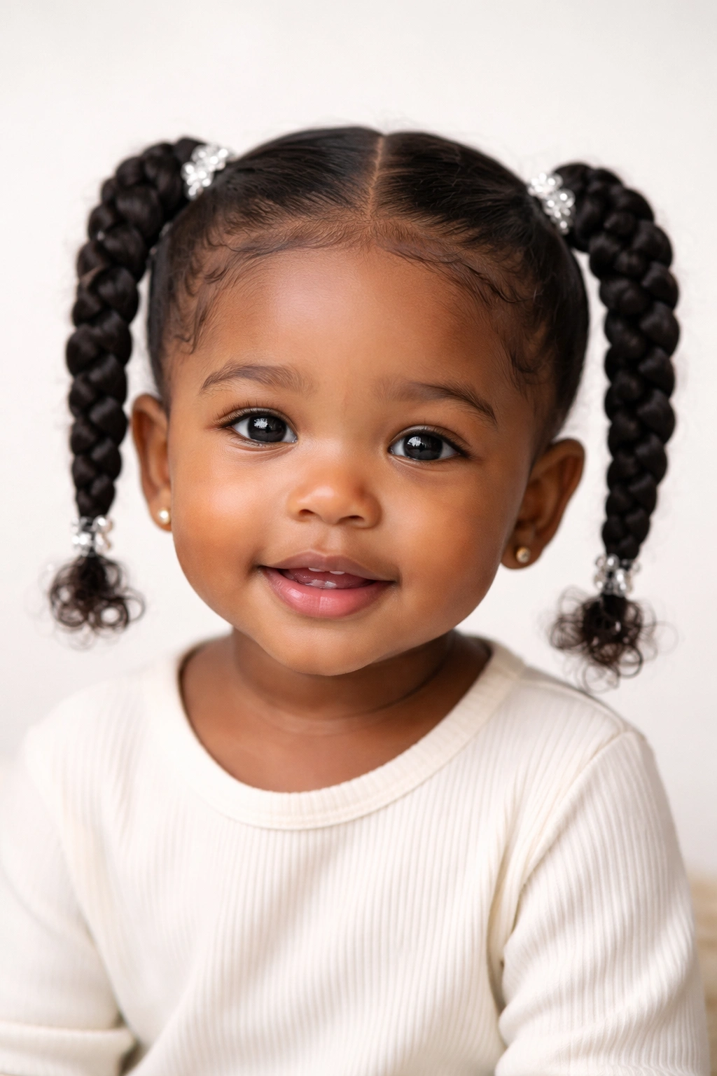 Close-up of baby girl with two symmetrical braided pigtails.
