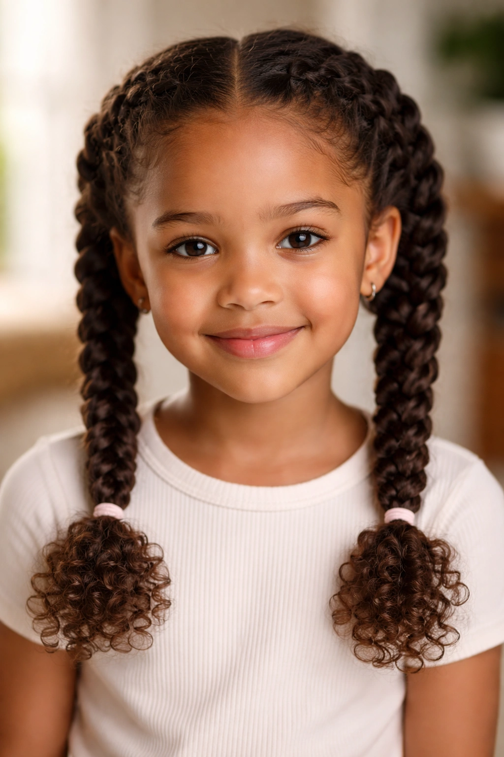 Two braided pigtails on a curly-haired child from front view