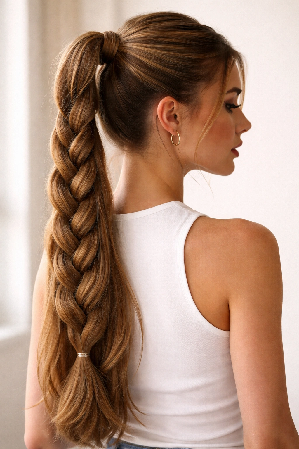 Front-facing view of a braided ponytail with a three-strand braid along the length