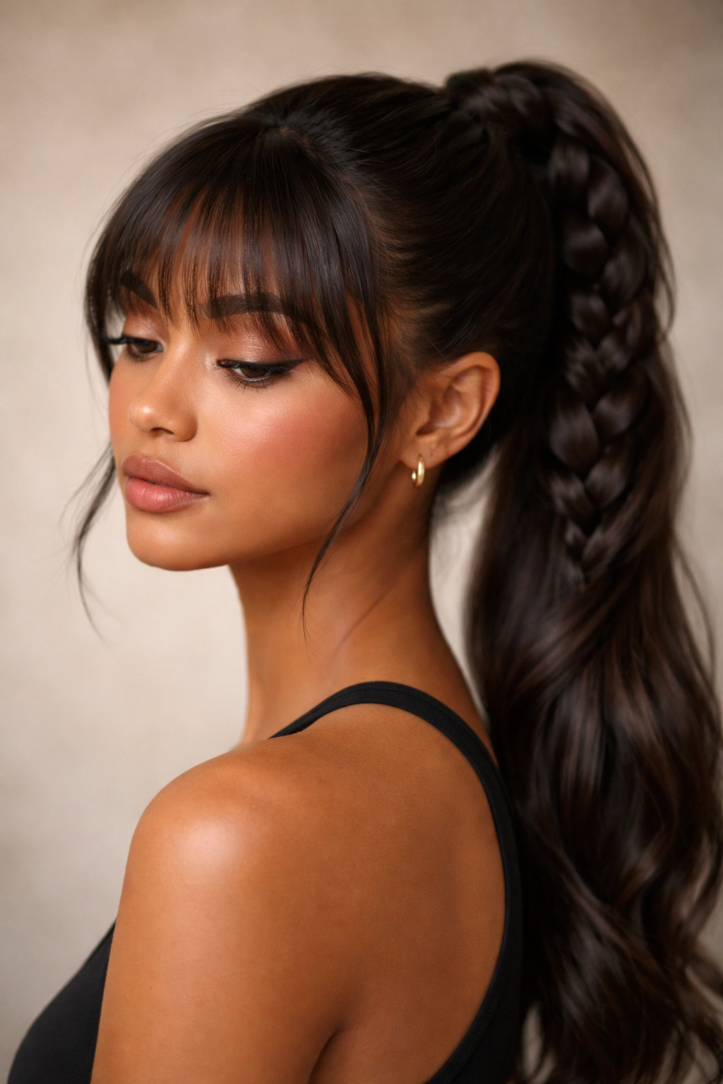 Close-up portrait of a person with a braided ponytail and bangs, emphasizing texture and shine