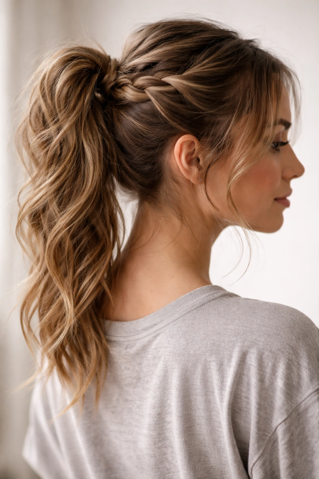 Close-up of The Braided Ponytail to Messy Bun Transition with loose braid and bun