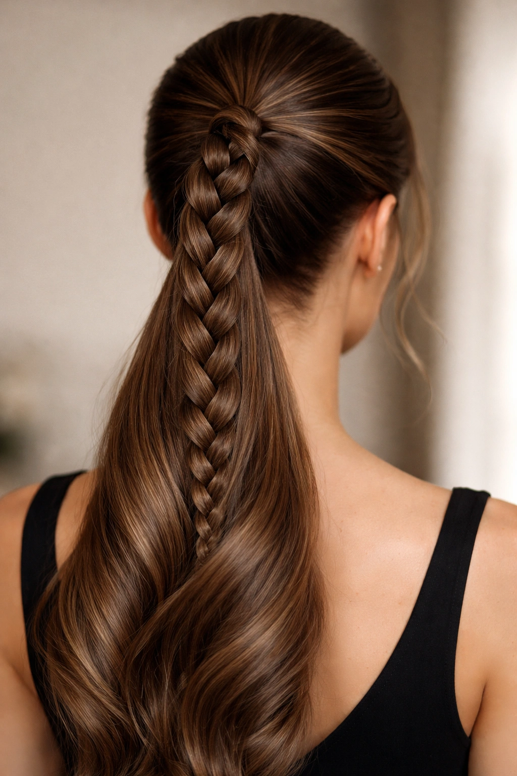 Close-up of braided ponytail with center braid highlighting texture and shine
