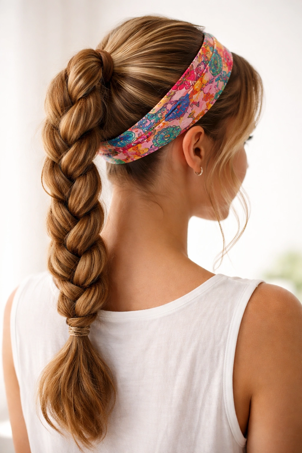 Braided ponytail with colorful headband, highlighting texture and crown