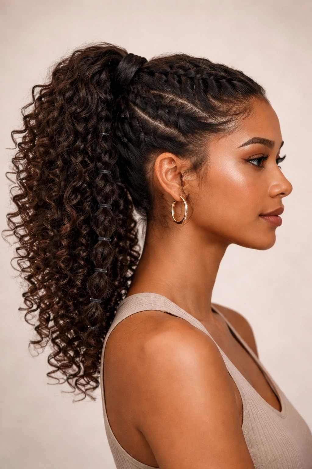 Crown braid feeding into a banded ponytail on curly hair