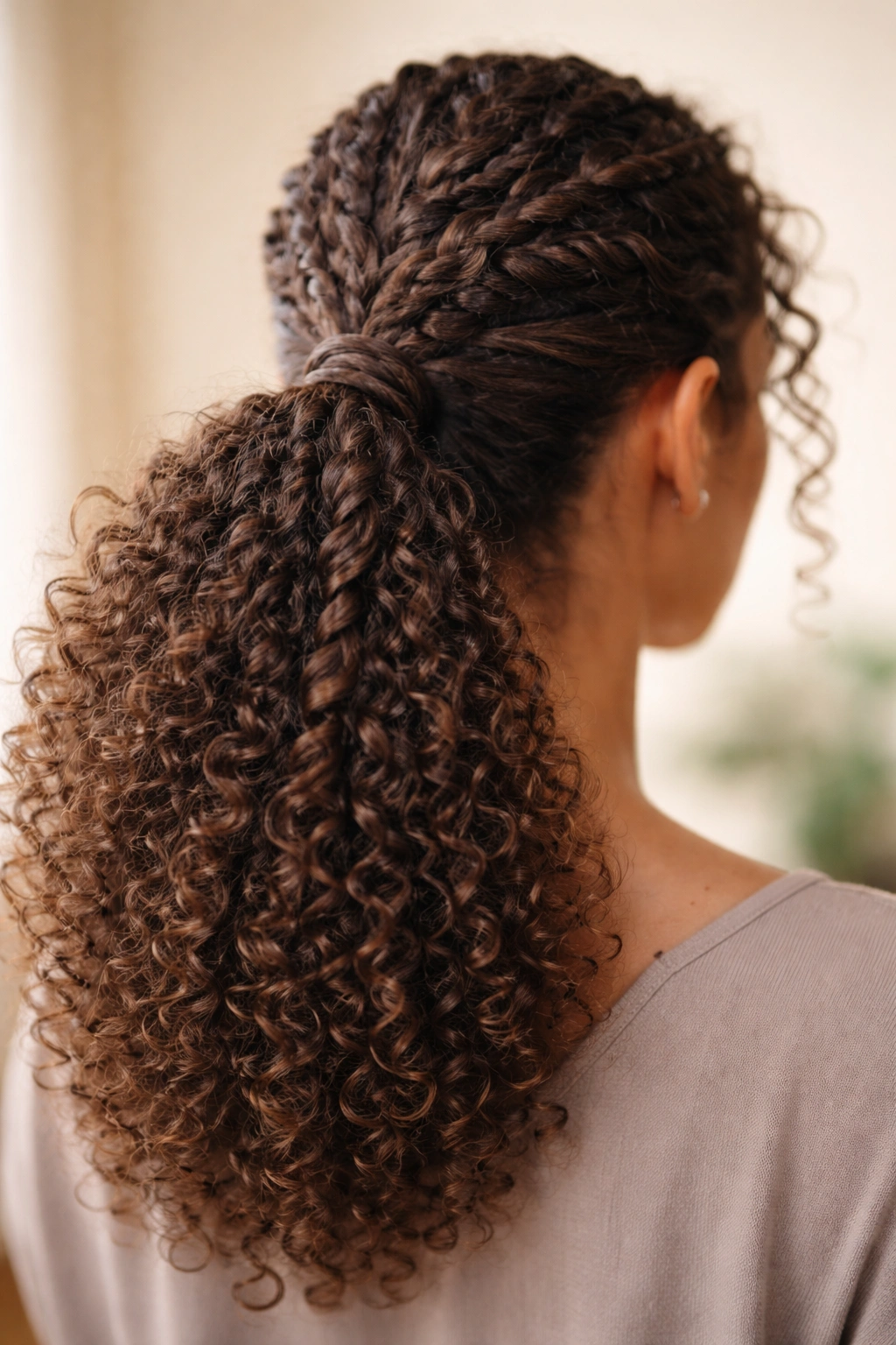 Close-up of a braided ponytail on curly hair highlighting texture and braid detail in studio lighting