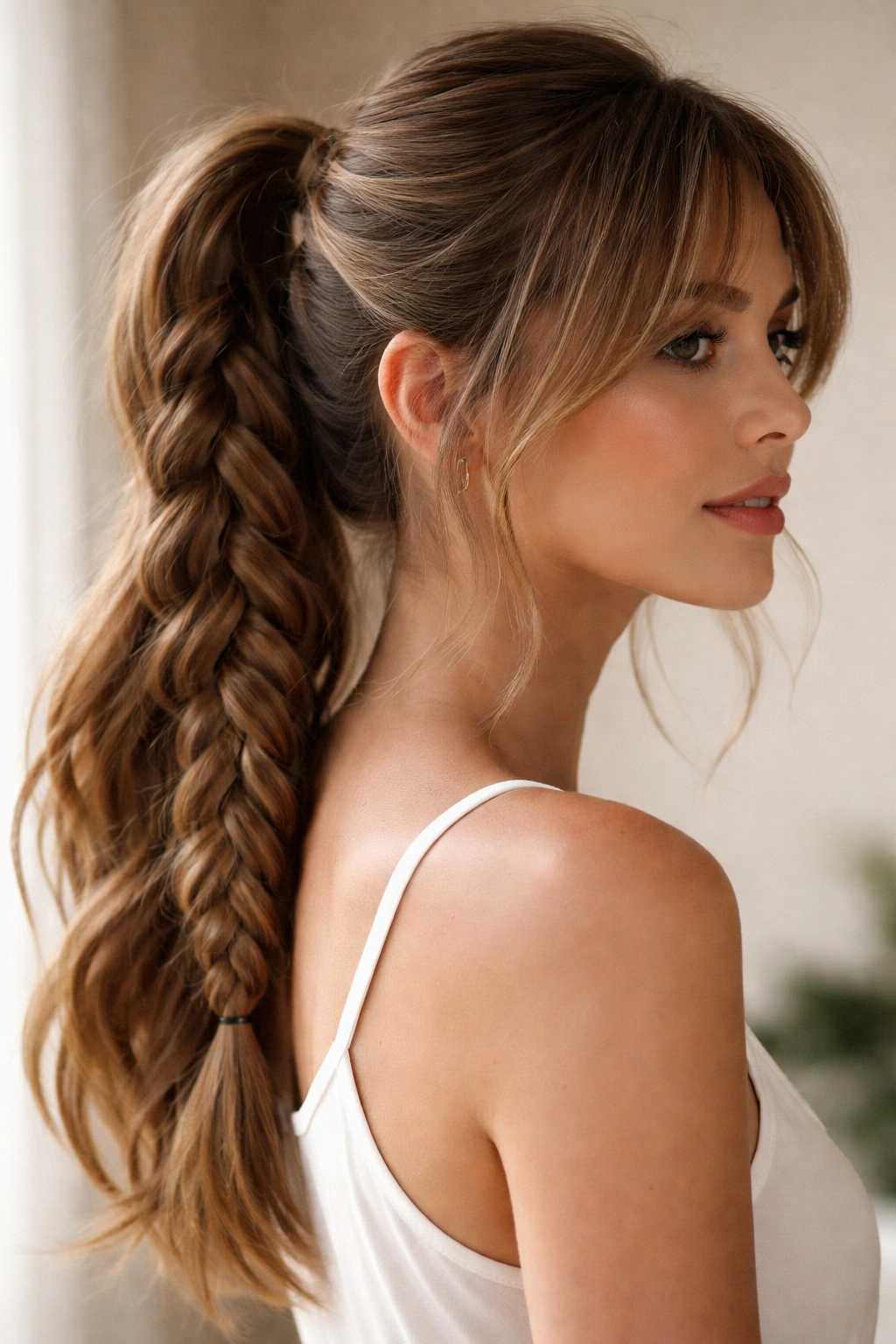 Close-up of braided ponytail with curtain bangs and integrated braid.